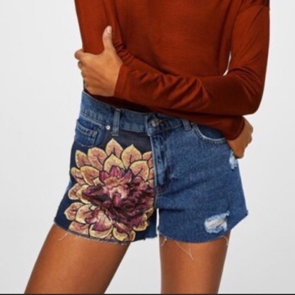 Mango Floral Print Denim Shorts